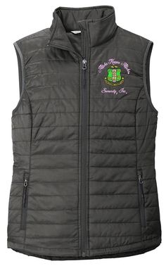 a women's vest with an embroidered shamrock on the chest and side, in grey