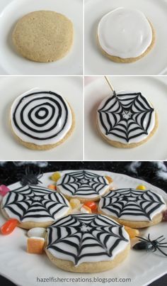 halloween cookies decorated with icing and spider webs