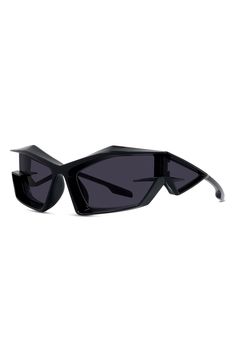 Exaggerated geometric frames lend futuristic flair to these stylish sunglasses with smoky-tinted, UV-protective lenses. 100% UV protection Acetate Imported Futuristic Black Sunglasses With Uv Protection, Futuristic Black Sunglasses With Uva Protection, Futuristic Black Sunglasses For Party, Futuristic Shield Sunglasses For Streetwear, Futuristic Black Cat Eye Sunglasses, Modern Cat Eye Shield Sunglasses, Futuristic Anti-reflective Sunglasses For Streetwear, Futuristic Shield Sunglasses With Uv Protection For Streetwear, Modern Shield Sunglasses With Gradient Lenses For Evening