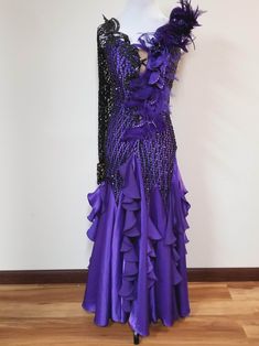 Nightshade Purple Feathered Dress For Evening, Purple Fitted Dress For Ballroom, Ballroom Dance Dresses Standard, Ballroom Gowns Dance, Ballroom Standard Dress, Full Bodysuit, Ballroom Dance Dress, Hex Girls, Skirt With Ruffles