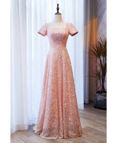 Buy modest sequined pink long formal dress with square neckline at cheap price online. Free stable shipping and pro custom service since 2009. Modest Prom Dresses, Teal Cocktail Dress, Fancy Short Dresses, Sweep Train Prom Dress, Dresses Fancy, Mini Prom Dresses, Modest Prom, Satin Homecoming Dress, Long Formal Dress