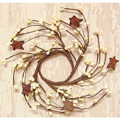 Pip Berry With Stars - Ivory Candle / Napkin Ring 2 Inner Diameter-Craft Wholesalers-The Village Merchant Acorn Candle, Pip Berry Wreath, Primitive Autumn, Berry Candle, Ivory Candles, Tin Star, Rusty Tin, Mini Wreath, Ghost Lights