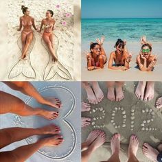 four different pictures with people in bikinis on the beach and one has flip flops