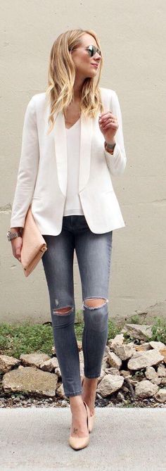 . White Blazer Outfits, Blazer Casual, Dress Simple, Simple Chic, Casual Work Outfits, Blazer Outfits, 가을 패션, White Blazer