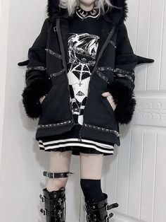 Harajuku Emo Hoodie with Bat Ears & Wings - Pastel Kitten Emo Hoodie, Unique Clothing Stores, Bat Ears, Grunge Jacket, Punk Style Outfits, Cardigan Hoodie, Hoodie Cardigan, Mode Inspo, Goth Outfits