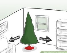 a christmas tree in the corner of a room with two shelves and a free space sign