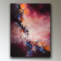 an abstract painting on the wall with red and blue colors