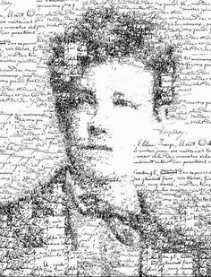 a black and white drawing of a man's face with words all over it