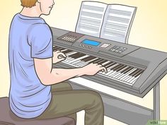 a man sitting at a piano playing an electronic keyboard with music sheets on top of it