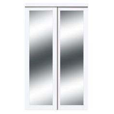 a white door with mirrored glass on the front and side doors, both opened to reveal a