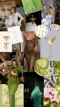 a collage of photos with green and yellow items on them, including paper decorations