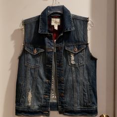 Nwt Denim Jacket W Decorated Back Dark Wash Denim Vest With Pockets For Fall, Fall Dark Wash Denim Vest With Pockets, Distressed Denim Vest For Fall, Casual Denim Outerwear From Forever 21, Distressed Medium Wash Denim Vest For Winter, Fall Dark Wash Washed Denim Vest, Forever 21 Denim Jacket In Medium Wash For Fall, Casual Forever 21 Outerwear With Pockets, Forever 21 Casual Outerwear With Pockets