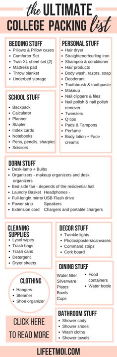 the ultimate college packing list is shown in pink and black, with text on it