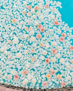 an overhead view of flowers floating in a pool with blue water and tile flooring