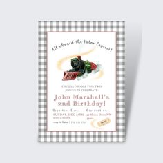 a birthday card with a train on the front and checkerboard pattern around it