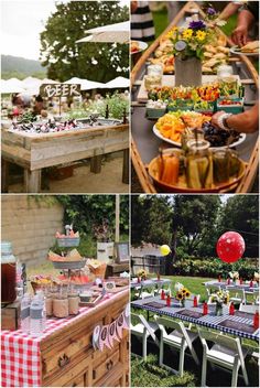 a collage of pictures with food and drinks on the table at an outdoor party