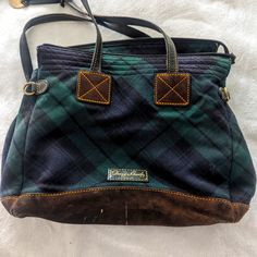 Used Tartan Blue And Dark Green Plaid Purse With Red Inside. This Bag Is Used But With A Little Tlc Could Look Brand New Preppy Green Travel Bag, Preppy Satchel Shoulder Bag For Travel, Preppy Green Bag For Everyday Use, Casual Plaid Bag With Adjustable Strap, Casual Plaid Shoulder Bag With Adjustable Strap, Preppy Satchel Bag For Everyday Use, Casual Plaid Travel Bag, Plaid Satchel Bag For Everyday Use, Plaid Satchel Shoulder Bag For Travel