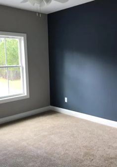 an empty room with blue walls and carpet