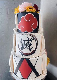 Demon Slayer Wedding Cake, Anime Grooms Cake, Anime Wedding Theme Ideas, Demon Slayer Wedding Theme, Naruto Wedding Cake, Wedding Cake Anime, Anime Birthday Cake Ideas Demon Slayer, Anime Quinceanera Theme, Anime Inspired Wedding