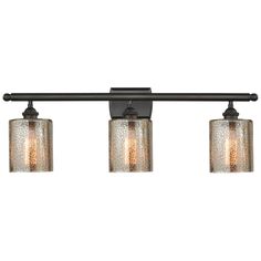 three light bathroom fixture with frosted glass shades and black metal finish, on an off white background