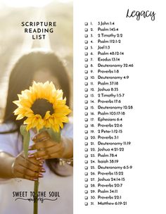 a woman holding a sunflower in her hand with the words, scripture reading list