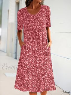 Eromis - Exquisite Floral Print Midi Dress - Ideal for Vacation, Womens Crew Neck Short Sleeve Dress Boho Summer Dress, Flower Skirt, Floral Dresses Long, Maxi Robes, Woman Within, Crewneck Dress, Mid Length Skirts, Boho Summer, Mid Length Dresses