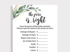 the price is right printable baby shower game with greenery and flowers on it