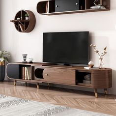 a living room with a large television on the wall and shelves in front of it