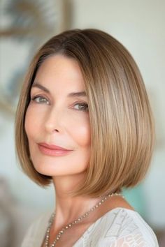 Classic Straight Bob Hairstyle on smiling older woman with brown hair. Self Cut Bangs, Bangs Cute Hairstyles, Hairstyle At Home, Sleek Hairstyle, Classic Bob Hairstyle, Style Help, Cut Bangs, Straight Bob Hairstyles