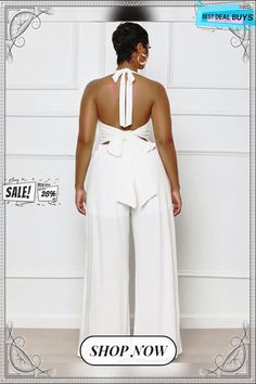 Halter Neck Backless Lace Up Wide Leg Jumpsuits Backless Solid Color Jumpsuits And Rompers For Spring, Chic White Backless Jumpsuit, Spring Backless Solid Color Jumpsuit/romper, Spring Solid Color Backless Jumpsuits And Rompers, Chic Halter Neck Jumpsuit In Solid Color, White Tie-back Jumpsuits And Rompers For Summer, Chic Strapless Solid Color Jumpsuit For Party, Summer White Backless Jumpsuits And Rompers, White Backless Jumpsuit For Evening