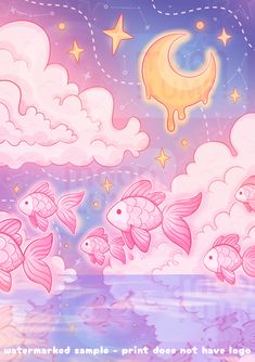 some pink fish are swimming in the water with stars and clouds above them, as well as a crescent moon