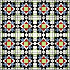 a black and white pattern with green, blue, and red squares