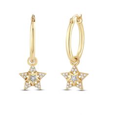 From the Demi Fine collection. These hoop earrings feature a dazzling star-shaped charm at the bottom and a classic huggie design. Yellow Gold Star Huggie Earrings, Yellow Gold Huggie With Star Charm, Yellow Gold Star Hoop Earrings, Huggie Earrings With Star Charm, Celestial Huggie Earrings With Star Charm Dangle, Celestial Dangle Huggie Earrings With Star Charm, Celestial Small Hoop Earrings With Star Charm, Celestial Style Huggie Earrings With Star Charm, Celestial Star-shaped Huggie Earrings With Star Charm