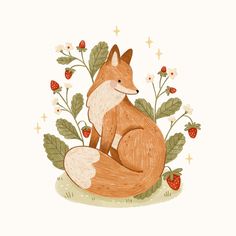 a drawing of a fox sitting in the grass with flowers and berries around it's neck