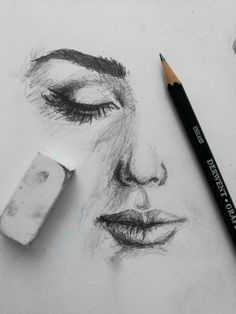 a pencil drawing of a woman's face with her eyes closed and eyebrows drawn