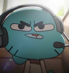 a cartoon character with headphones on and looking at the camera while listening to music