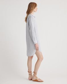 An easy, timeless classic. This shirt dress should be a staple in any wardrobe. Made from 100% European linen and designed to be versatile, with elegant buttons down the front, and two pockets at the waist.  | Quince | Women's 100% European Linen Shirt Dress in Blue Pinstripe, Size XL, Organic Linen Summer Daywear Shirt Dress With Button Cuffs, Workwear Shirt Dress With Spread Collar And Placket, Summer Workwear Shirt Dress With Button Cuffs, Summer Shirt Dress With Button Cuffs For Daywear, Casual Collared Neckline Shirt Dress For Office, Casual Shirt Dress With Button Closure For Work, Casual Workwear Shirt Dress With Button Closure, Casual Collared Shirt Dress For Office, Elegant Shirt Dress With Button Cuffs And Shirttail Hem