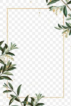 green leaves and branches on a white background with a gold frame for the text,