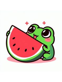 a cute little frog holding a piece of watermelon