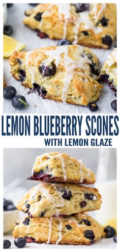 lemon blueberry scones with lemon glaze are stacked on top of each other