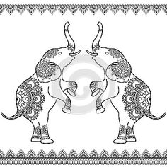 Elephant Line Drawing, Indian Elephant Art, Two Elephants, Indian Henna, Henna Style, Elephant Drawing, Pichwai Paintings, Textile Prints Design