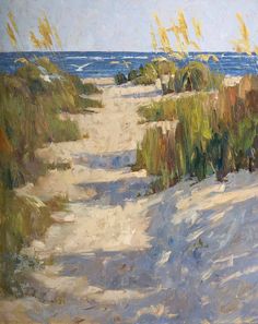 an oil painting of a path to the beach with sea oats in the foreground