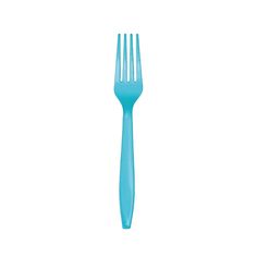 a blue plastic fork on a white background