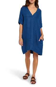 Cuffed sleeves and a drapey shift silhouette elevate this ultralightweight linen dress that's a chic look on warmer days. 35" length Slips on over head V-neck Short sleeves Side-seam pockets 100% linen Machine wash, dry flat Imported Linen Shift Dress, Summer Wardrobe Essentials, Wedding Guest Shoes, Chic Look, Made Clothing, Denim Leggings, Swimsuit Cover, Comfortable Dress, Toddler Girl Outfits