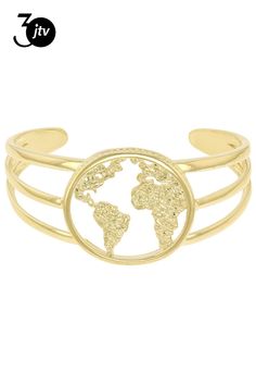 Global Destinations��� 18k Yellow Gold Over Brass World Map Cuff Bracelet. Measures Approximately 1.47"L x 1.49"W. No Closure. No Closure, Cuff Bracelet, World Map, 18k Gold, Yellow Gold, Cuff, Brass, Map, Bracelet