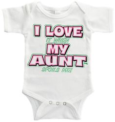 This funny baby one piece reads, "I Love it When My Aunt Spoils Me". It's great to wear when Auntie is watching your little one or to buy for your very special niece or nephew. Available on a white, 100% cotton, heavyweight romper. Size Chart:0-3 Months: 0-7 lbs, 7.5" chest, 14" length 3-6 Months: 8-16 lbs, 8" chest, 15" length 6-12 Months: 17-24 lbs, 9" chest, 16.5 length 12-18 Months: 25-29 lbs, 9.5" chest, 18" length Birthday Onesie With Funny Text, White Onesie With Funny Text For Birthday, Cotton Onesie With Funny Text For Birthday, Funny Text Cotton Onesie For Birthday, Birthday Cotton Onesie With Funny Text, Birthday Onesie With Funny Text In Cotton, Funny Onesie With Letter Print For Playtime, Cute White Bodysuit With Funny Text, Funny Graphic Print Onesie For Birthday