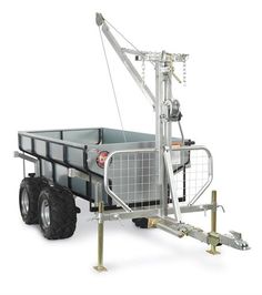 the trailer is equipped with two wheels and a cage on one side for transporting equipment