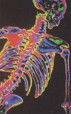 an image of a skeleton with neon colors on it's body and back legs