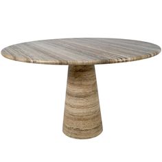 a round wooden table sitting on top of a white floor