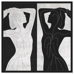 two black and white paintings with one woman standing in front of the other, both facing each other